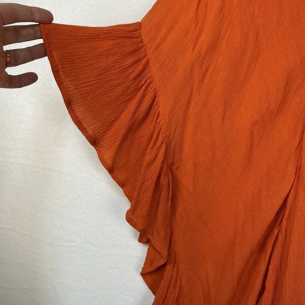 FREE PEOPLE Poncho Style Top Orange XS/S Oversized Ruffled Sleeves Collar FLAW
